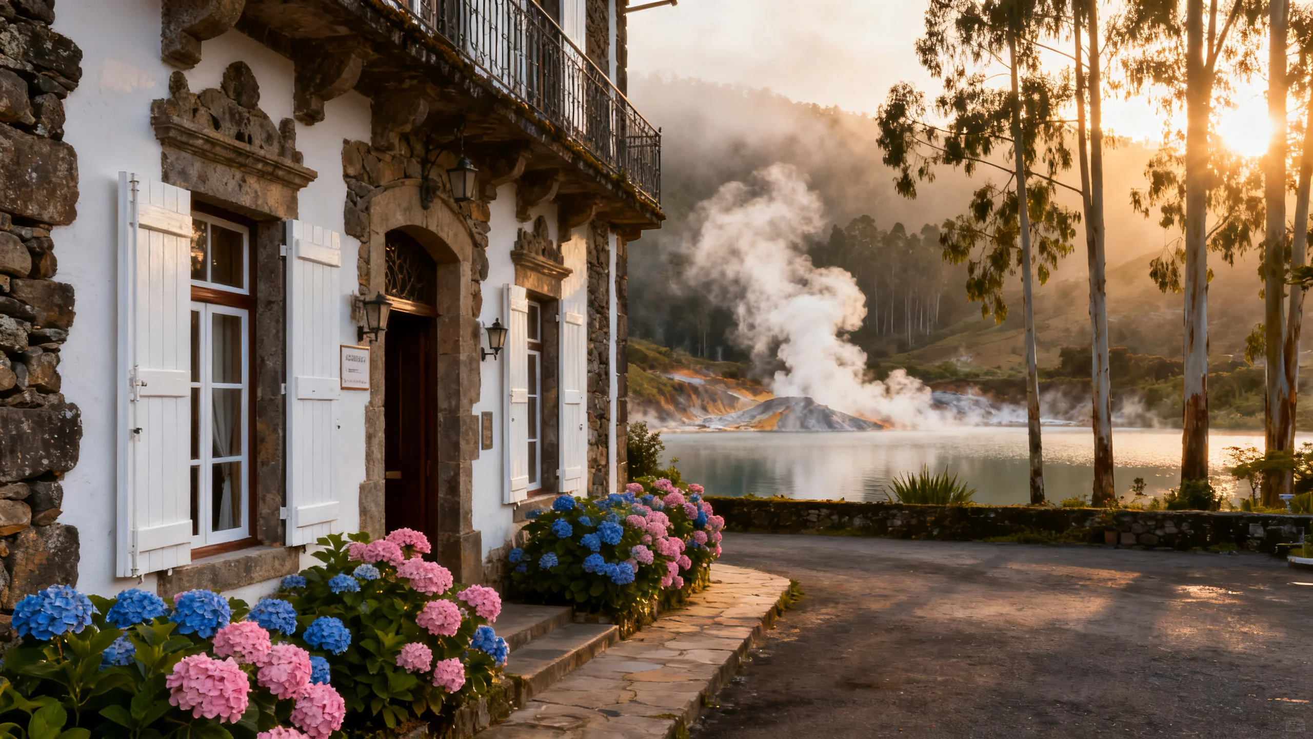 A traditional Furnas village hotel with a stone facade, white-painted shutters, hydrangeas growing along the front, the steaming caldeiras of Furnas Lake visible in the distance through trees, late afternoon warm light