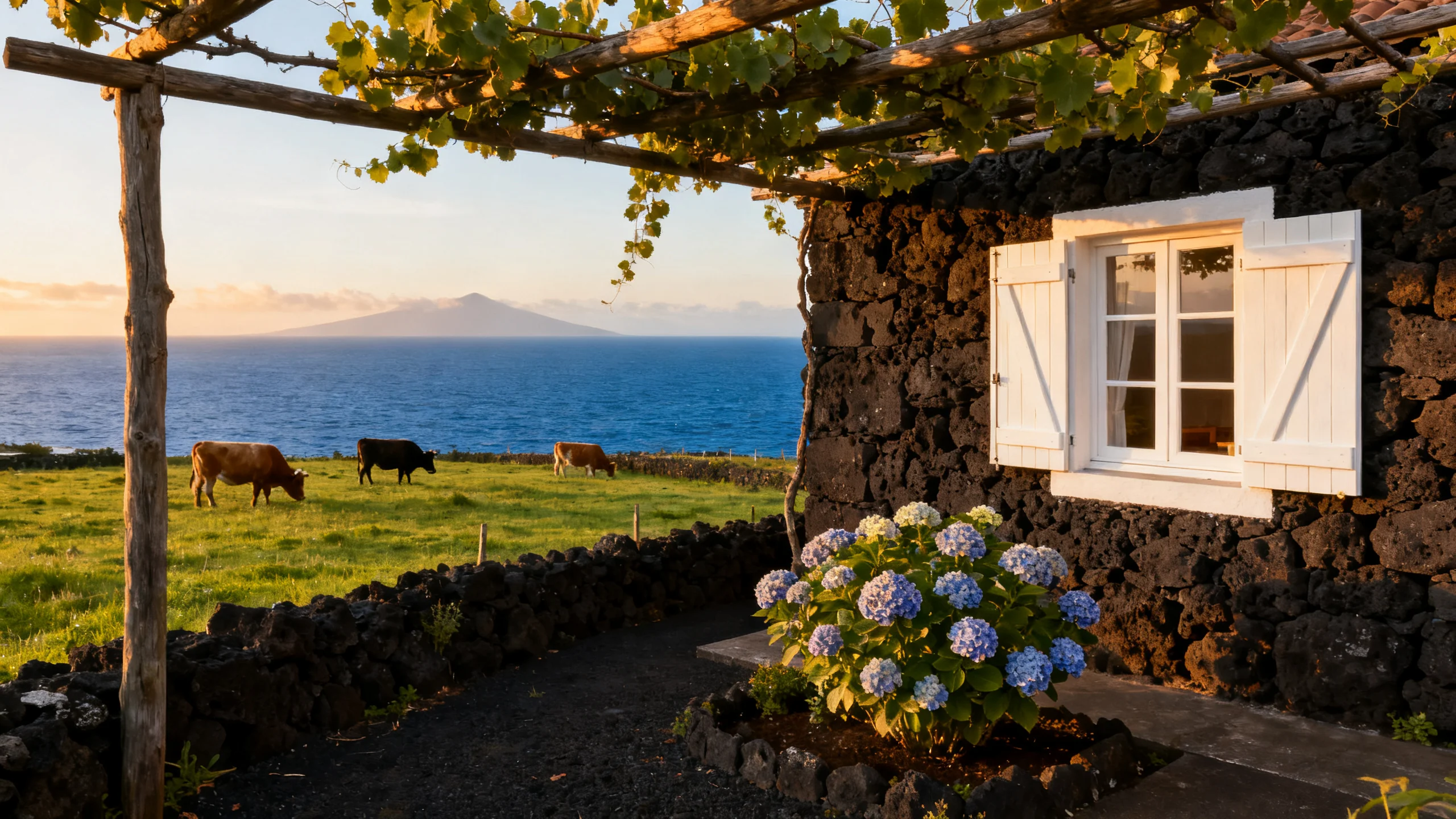 A restored traditional Azorean stone cottage on Pico Island with thick basalt walls, white-painted shutters, a small garden with hydrangeas, vines on a wooden trellis, grazing cattle in the adjacent field, the Atlantic ocean visible in the distance, warm late-afternoon golden light