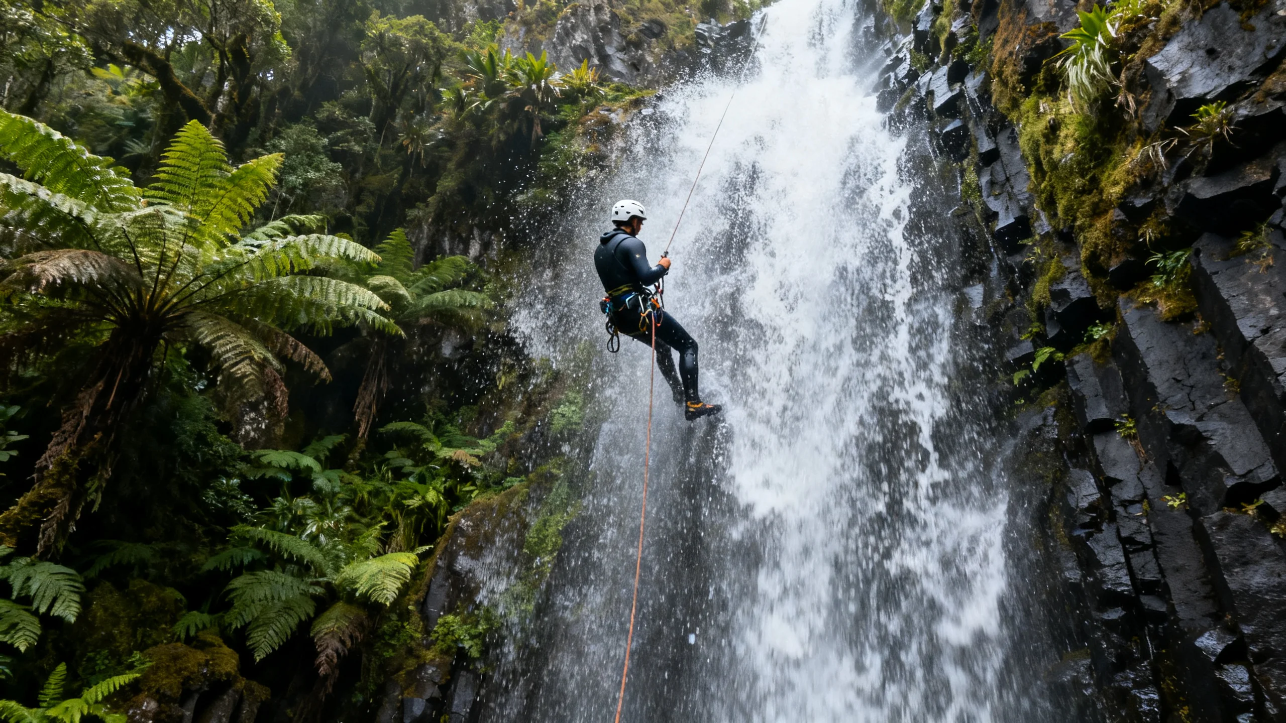 Person in wetsuit and helmet abseiling down a tall waterfall in the lush canyon of Ribeira dos Caldeirões, São Miguel, surrounded by tropical green vegetation