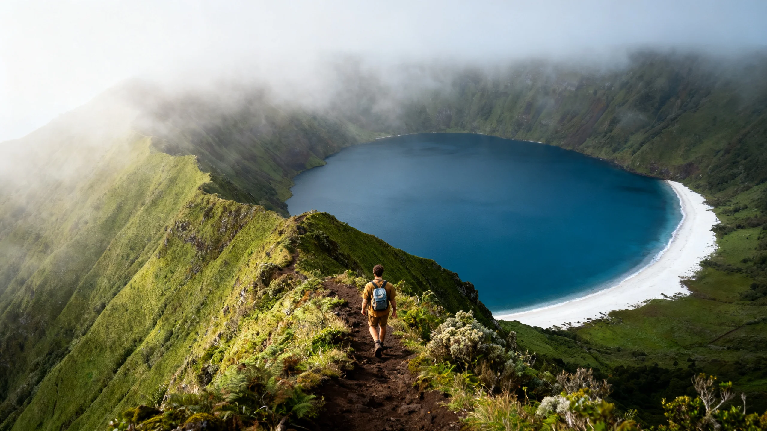 Hiker descending the volcanic trail to Lagoa do Fogo crater lake with deep blue water and white sand beach visible far below