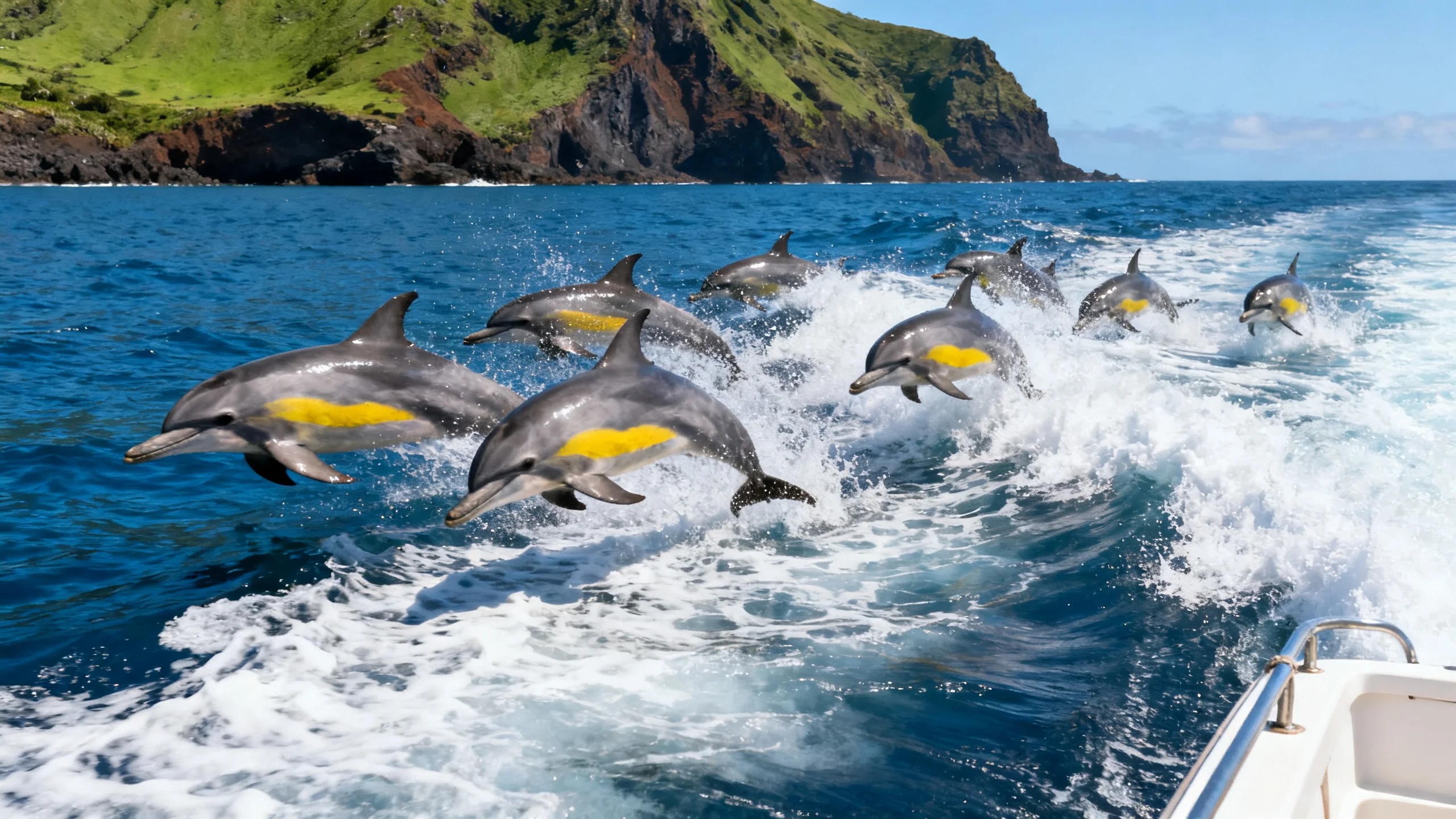 Pod of common dolphins leaping through clear blue Atlantic water beside a small whale-watching boat off the coast of São Miguel
