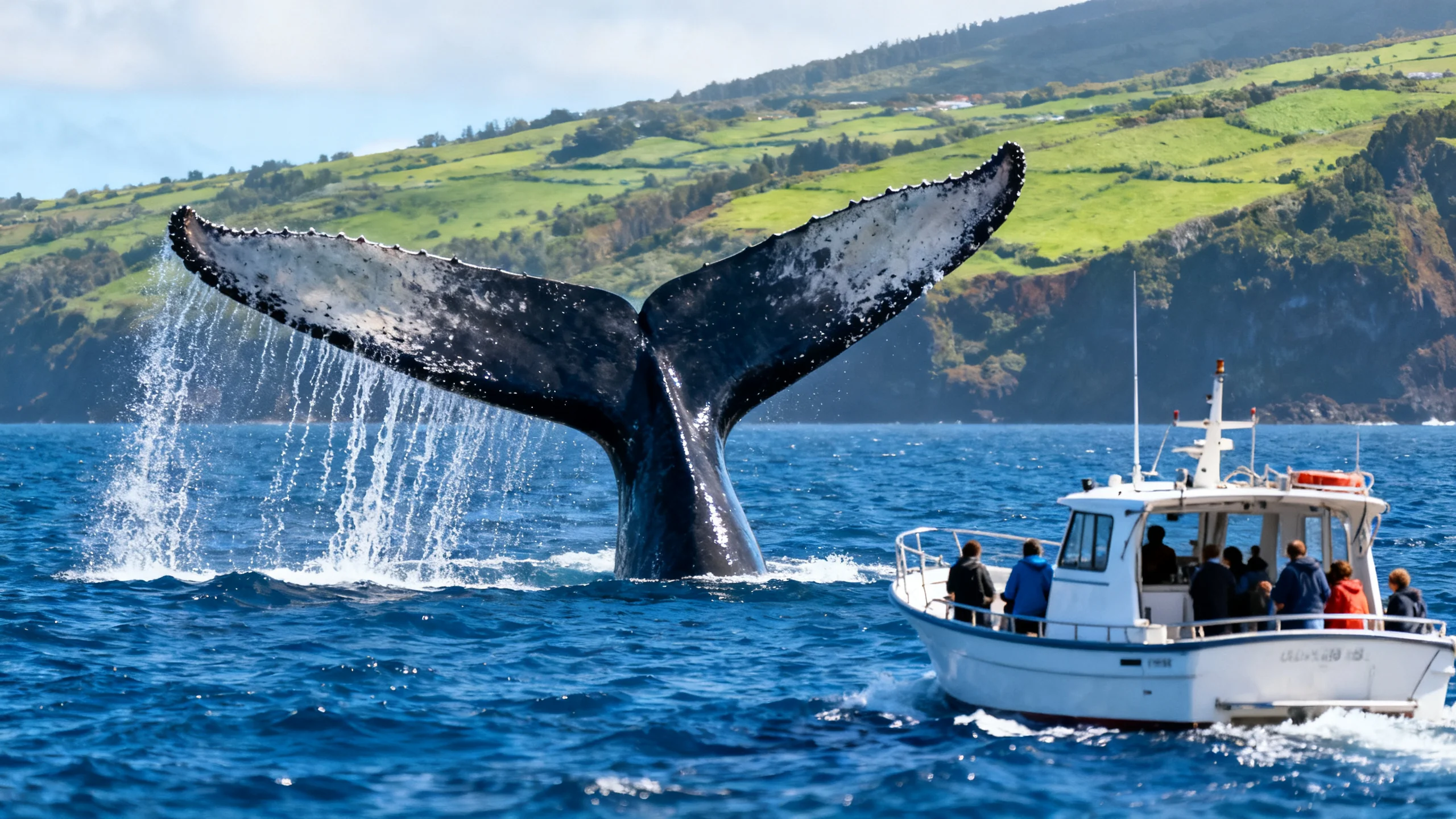 Large sperm whale fluke breaching the surface of the Atlantic ocean off the coast of São Miguel, Azores, with a small whale-watching boat in the foreground
