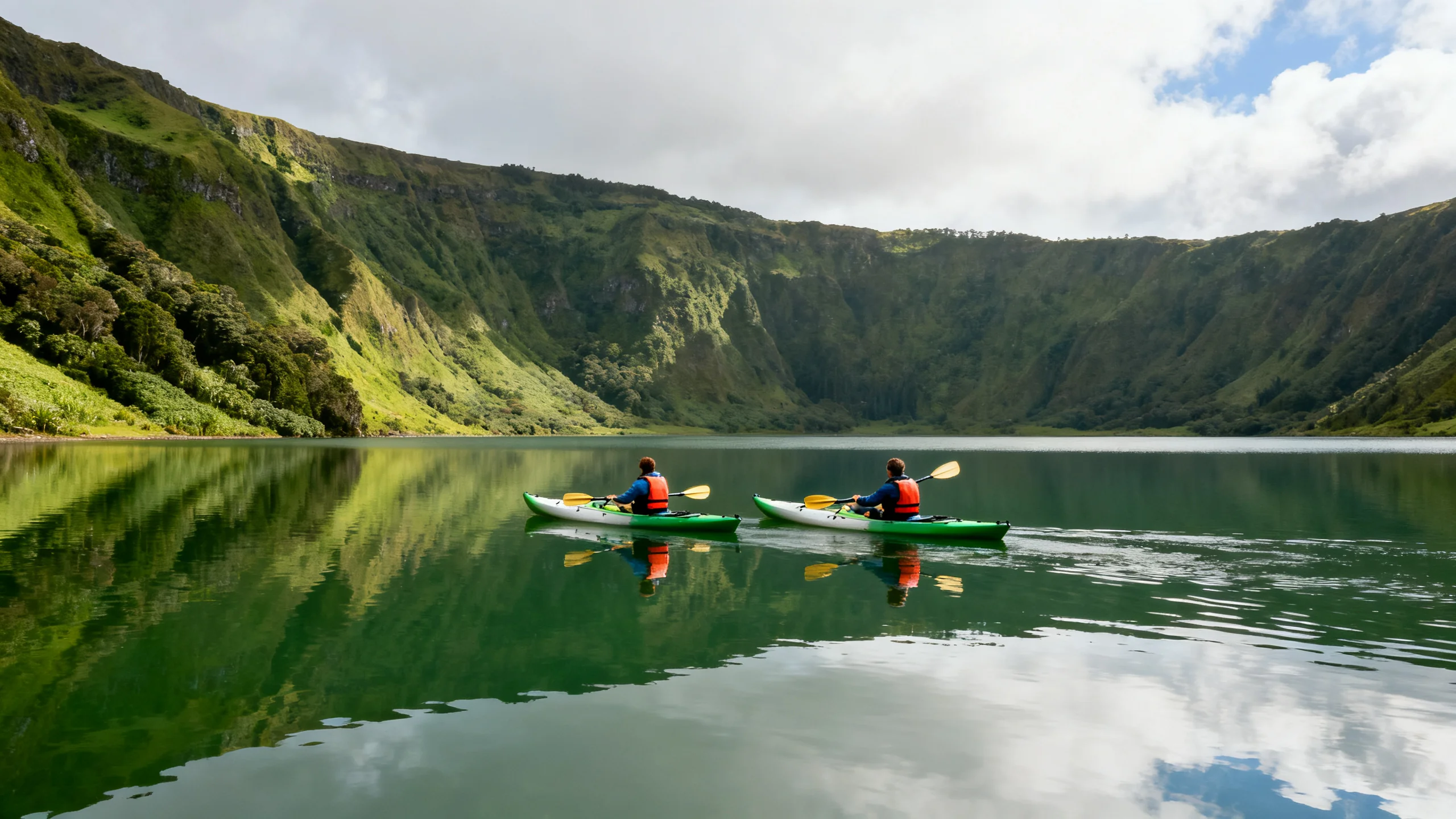 Two double-seat kayaks paddling on the green caldera lake of Sete Cidades in São Miguel, with the steep volcanic crater walls and cloudy sky reflected in the calm water