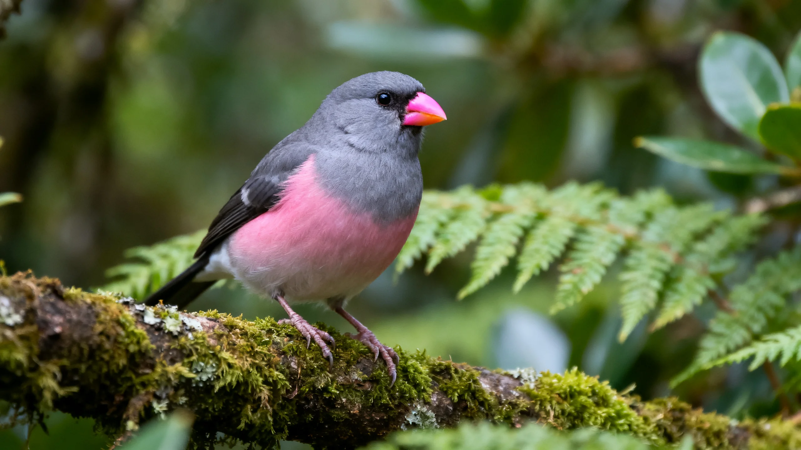 The endemic Azores bullfinch (priolo) perched on a moss-covered branch in the laurel forest of São Miguel, showing its distinctive grey plumage and stout pink beak, soft diffused forest light filtering through the canopy