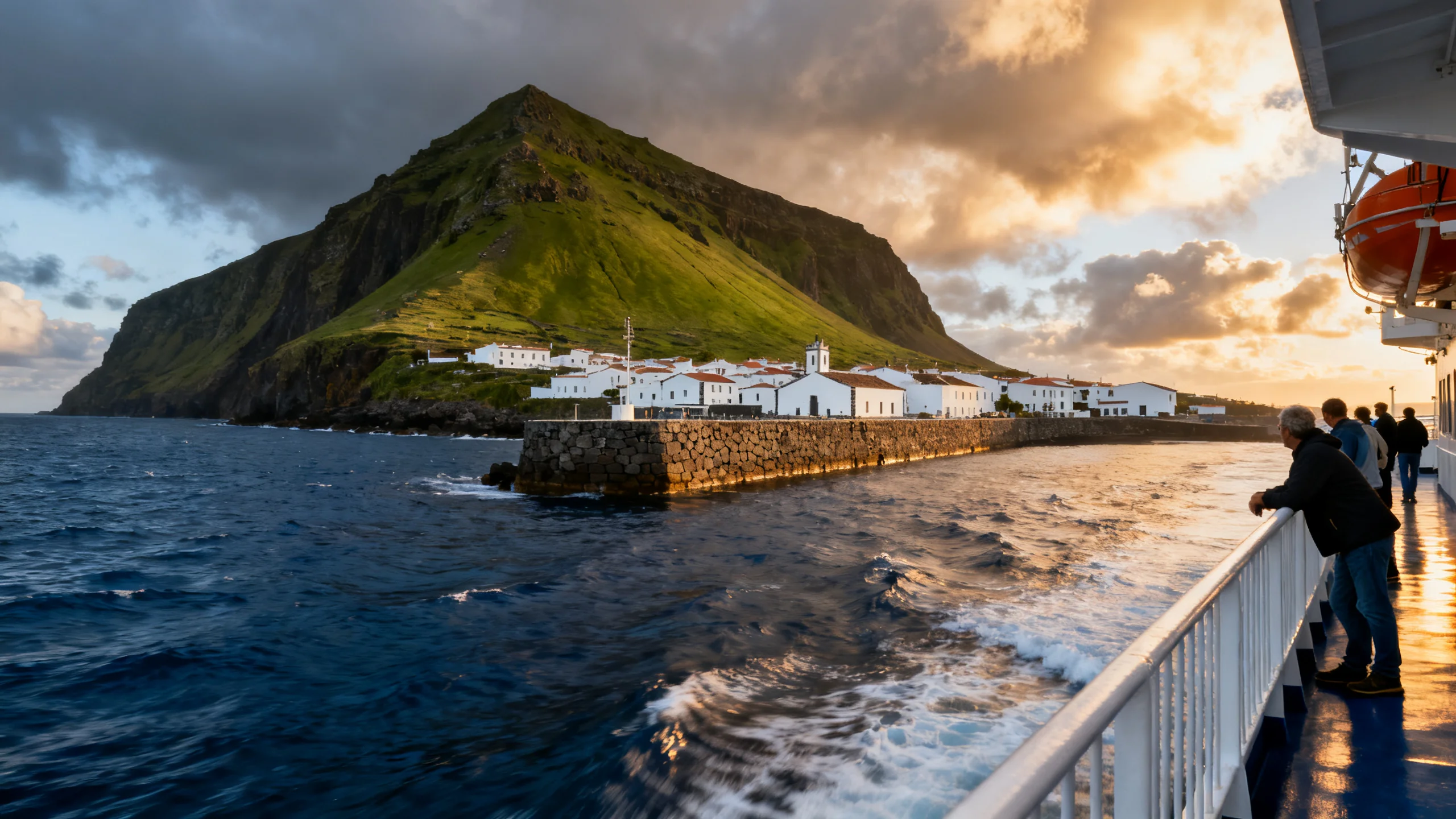 The Atlanticoline ferry approaching the small harbour of Vila do Corvo, Azores, with the white-painted village visible behind, the green volcanic slope of the Caldeirão rising dramatically above the village, the deep blue Atlantic ocean and dramatic clouds overhead suggesting changeable weather