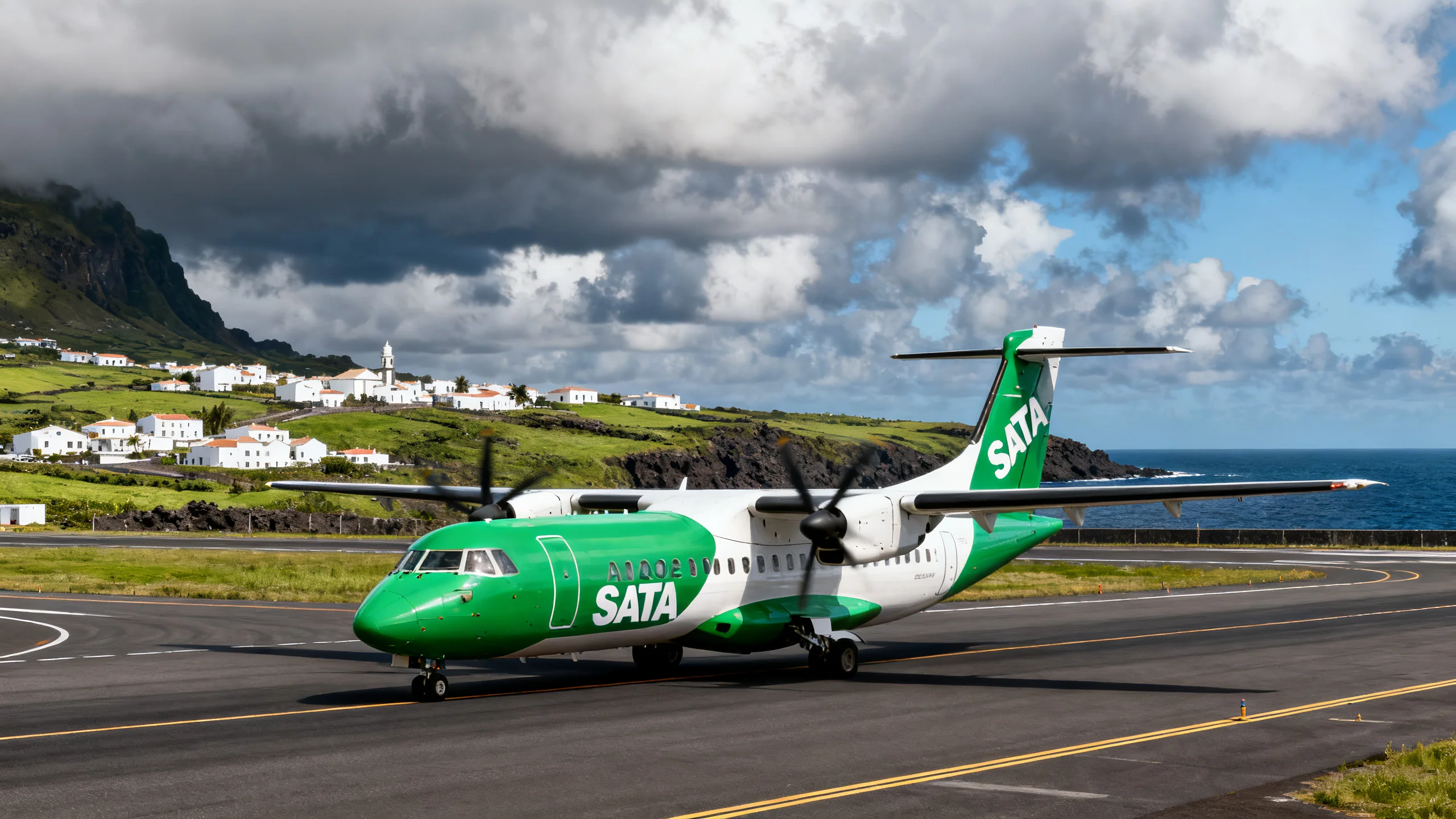 A SATA Azores Airlines Bombardier Q400 turboprop on the runway of Flores Airport, with the small white-painted town of Santa Cruz das Flores and the green volcanic interior visible in the background, the Atlantic ocean glimpsed beyond the airport perimeter, dramatic broken clouds overhead