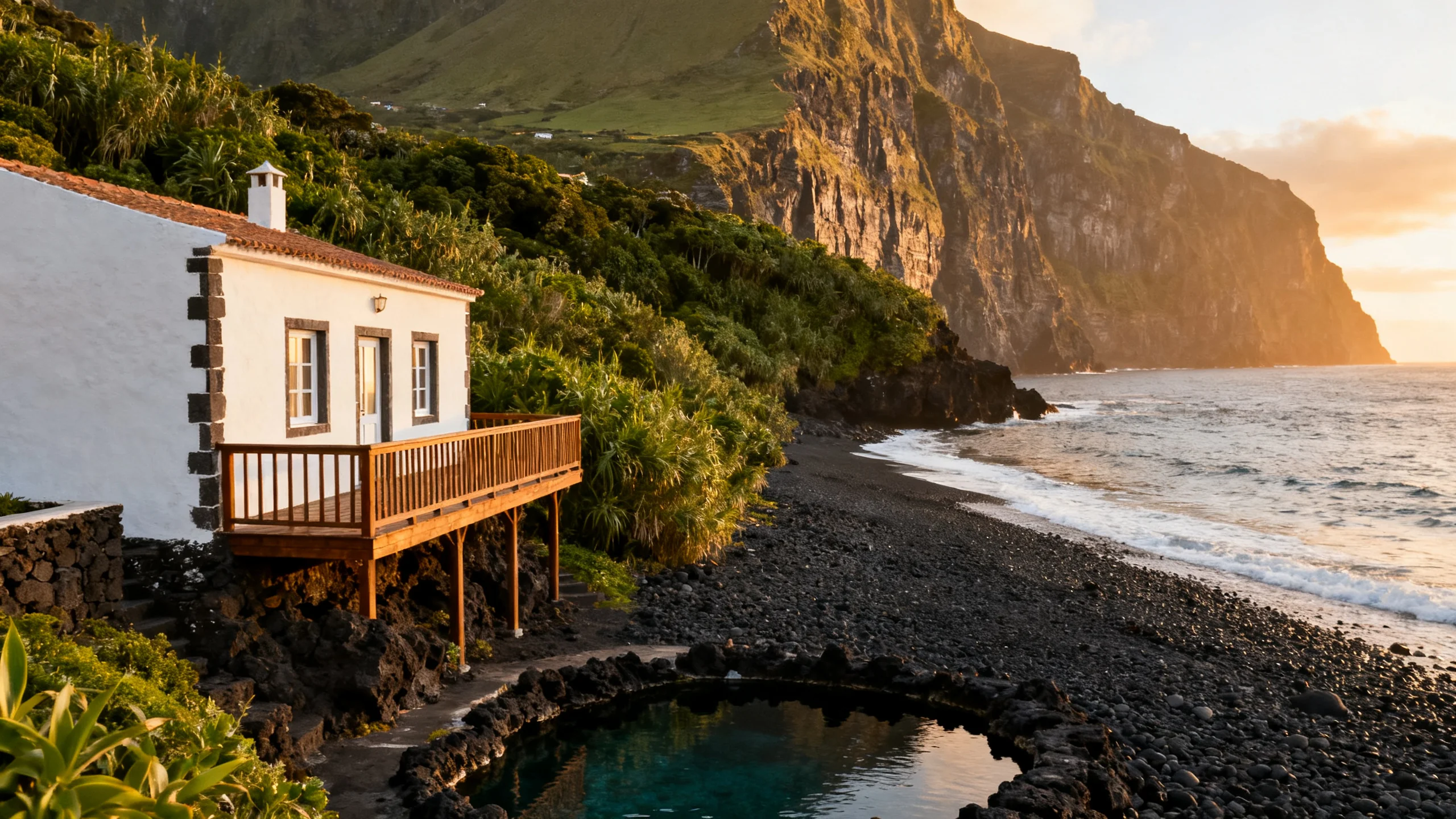 A small whitewashed traditional Flores village house converted to a guesthouse in Fajã Grande, with a wooden balcony overlooking the small black-pebble beach and the Atlantic ocean, dense green vegetation behind, a small natural lava pool visible in the foreground, warm late-afternoon light