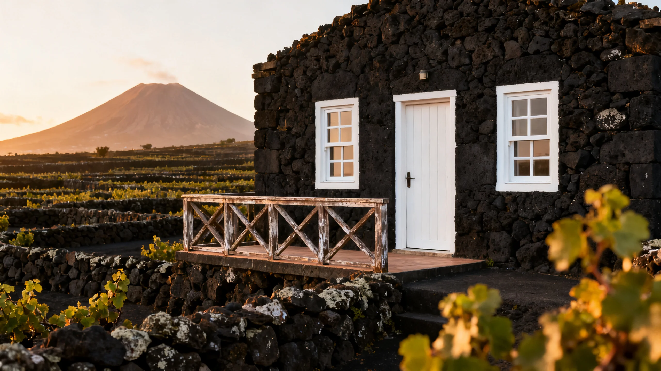 A traditional Azorean stone cottage on Pico, with thick black basalt walls, a white painted door, a small windowed terrace overlooking a stone-walled vineyard plot, and the Pico volcano rising in the background under late-afternoon golden light