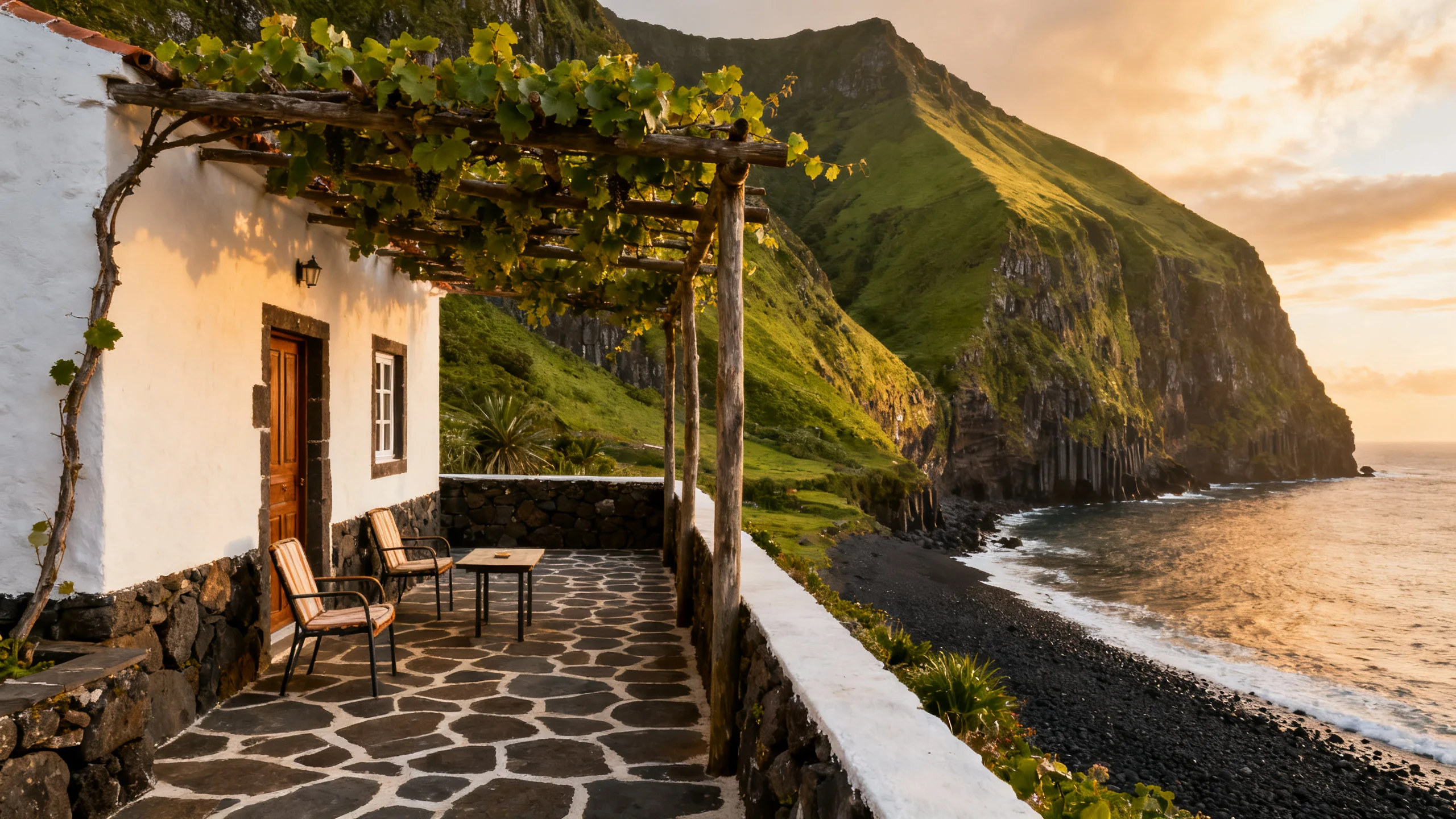 A small traditional guesthouse on a fajã of São Jorge, Azores, with whitewashed walls, a stone-tiled terrace, vines growing on a wooden trellis, the towering basalt cliffs of the central plateau rising behind, the Atlantic ocean and a small black-pebble beach visible in the foreground, warm late-afternoon light