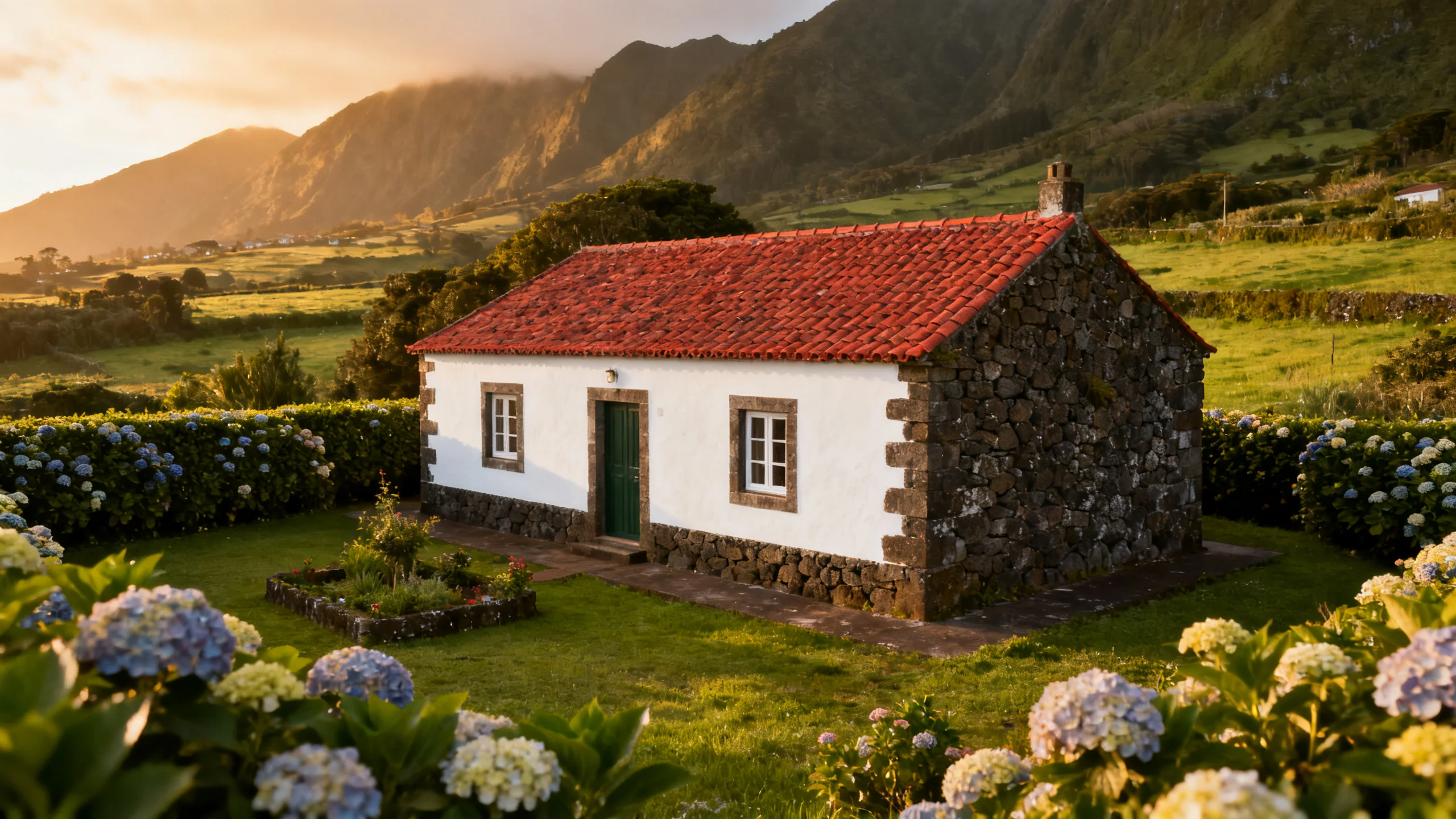 Traditional Azorean stone rural house with hortensia hedges