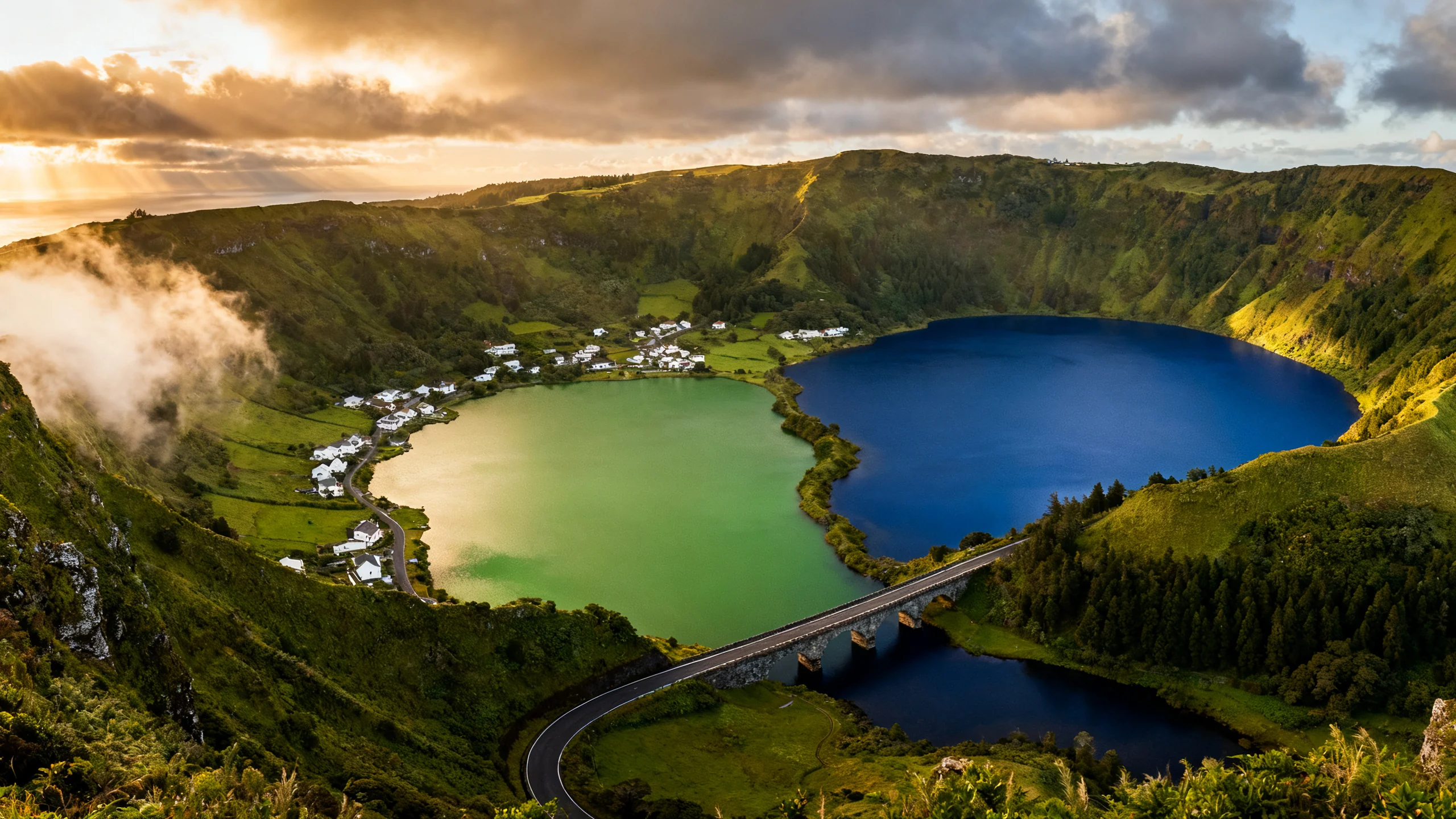 Aerial view of Sete Cidades twin crater lakes in São Miguel, Azores