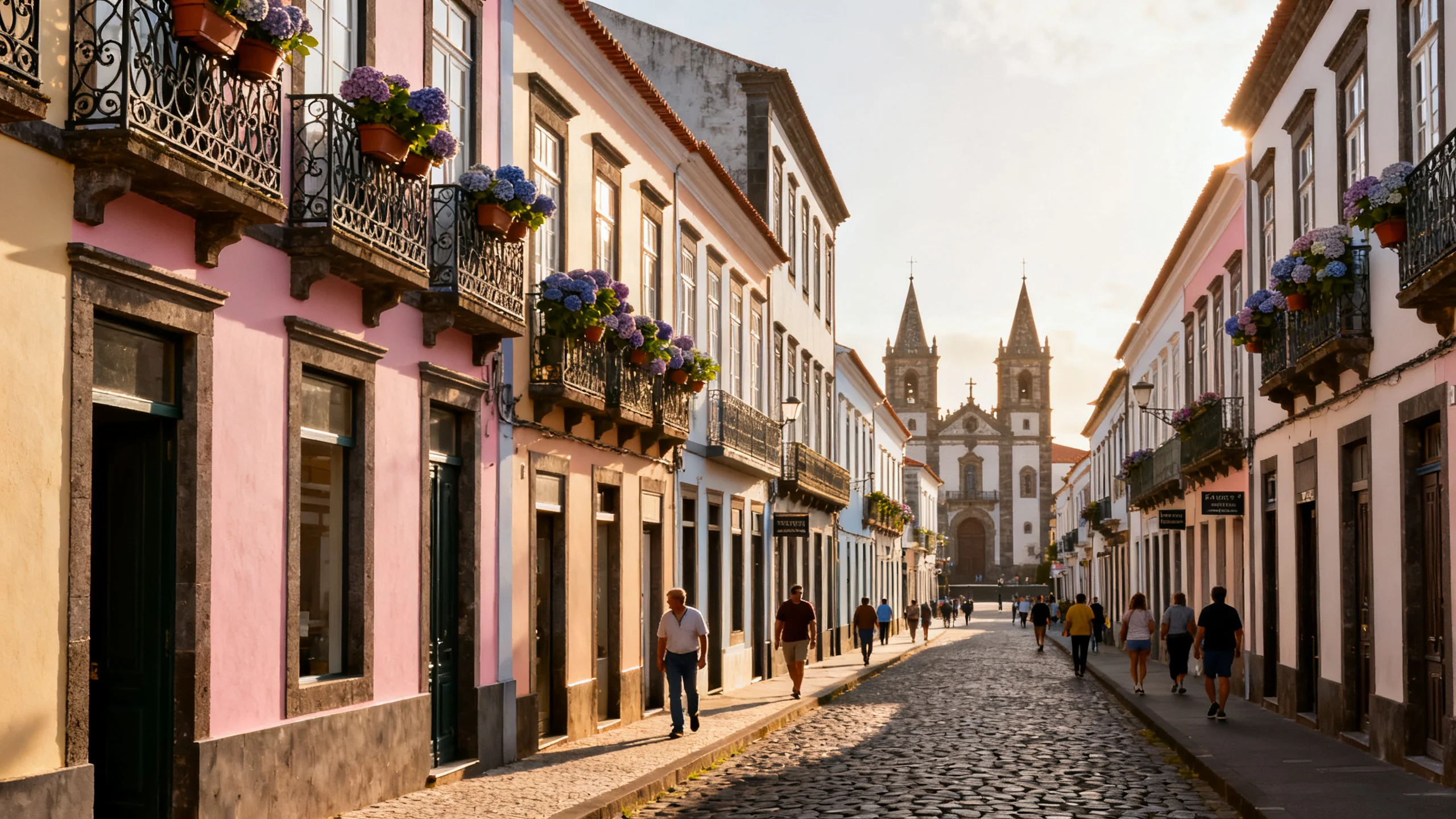 View of the cobbled Rua Direita pedestrian street in Angra do Heroísmo, with rows of pastel-coloured houses, balconies with potted plants, the Sé cathedral spires in the distance, and locals walking in the warm afternoon light