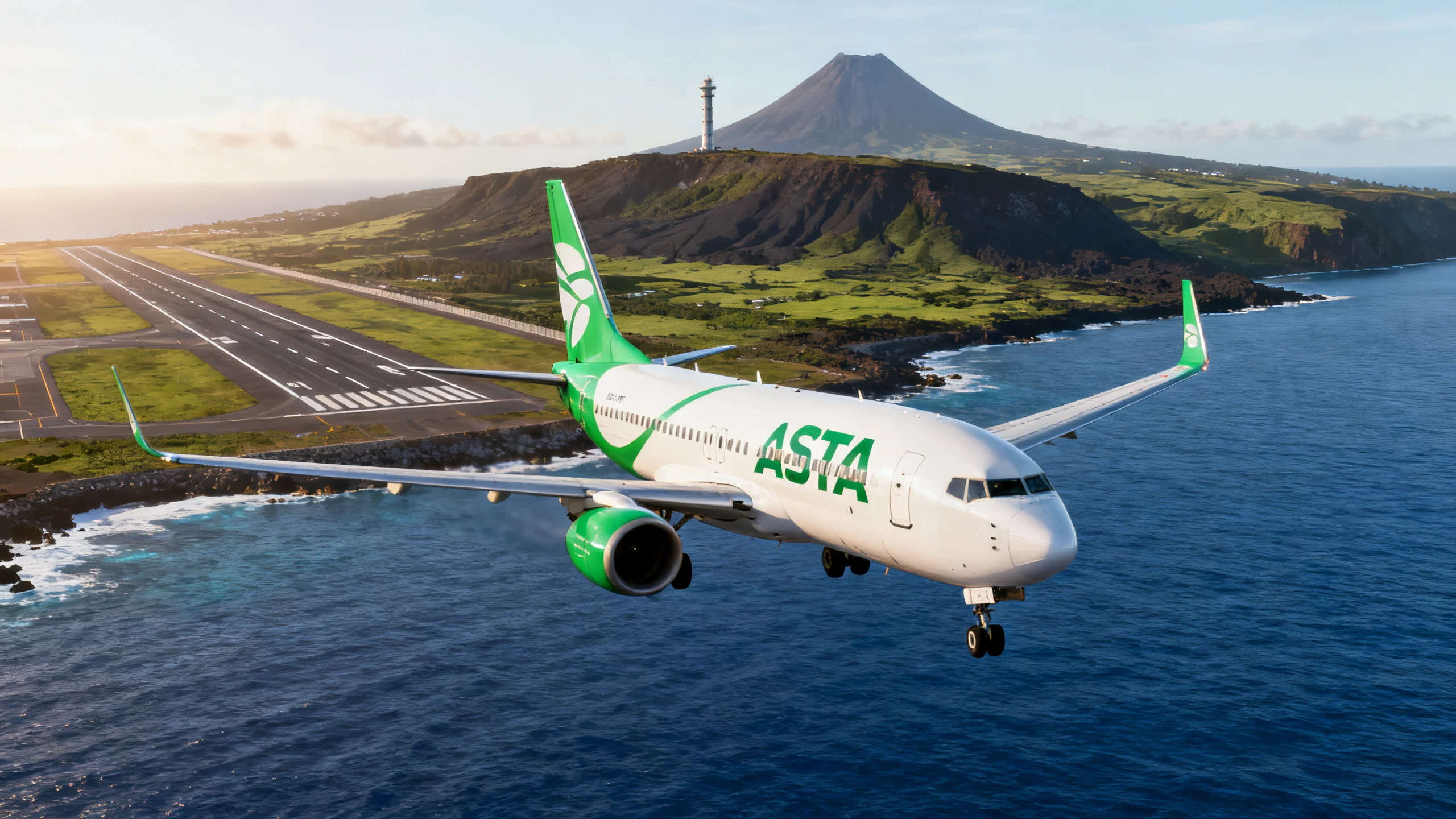 A SATA Azores Airlines aircraft landing at Lajes Airport on Terceira, with the runway built along the eastern coastline, the Atlantic ocean visible just beyond the airport perimeter, and the green volcanic interior of the island in the background under soft morning light
