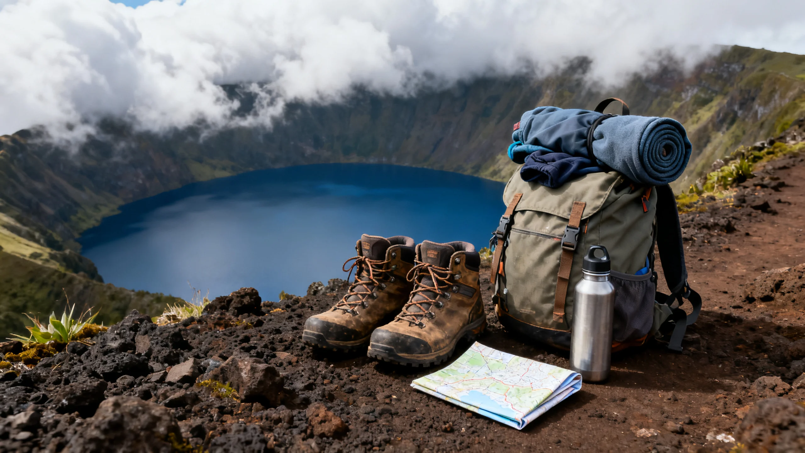 A pair of hiking boots on a rocky volcanic trail at Lagoa do Fogo in São Miguel, Azores, with a small backpack and a water bottle visible, dramatic clouds rolling in over the crater rim in the background