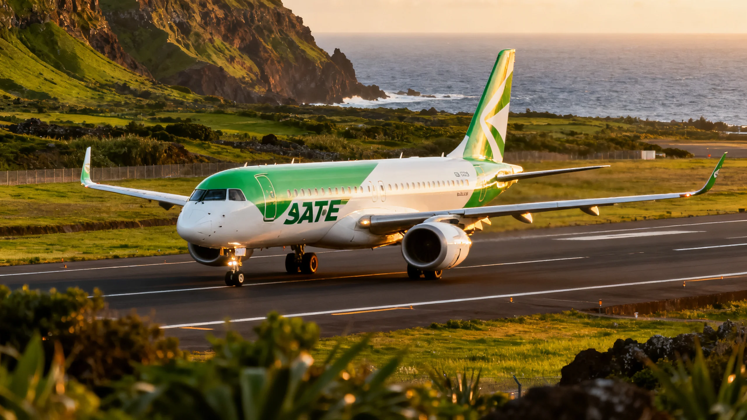 A SATA Azores Airlines Airbus A321neo with green and white livery taxiing on the runway at João Paulo II Airport, Ponta Delgada, with the green São Miguel coastline and Atlantic ocean in the background