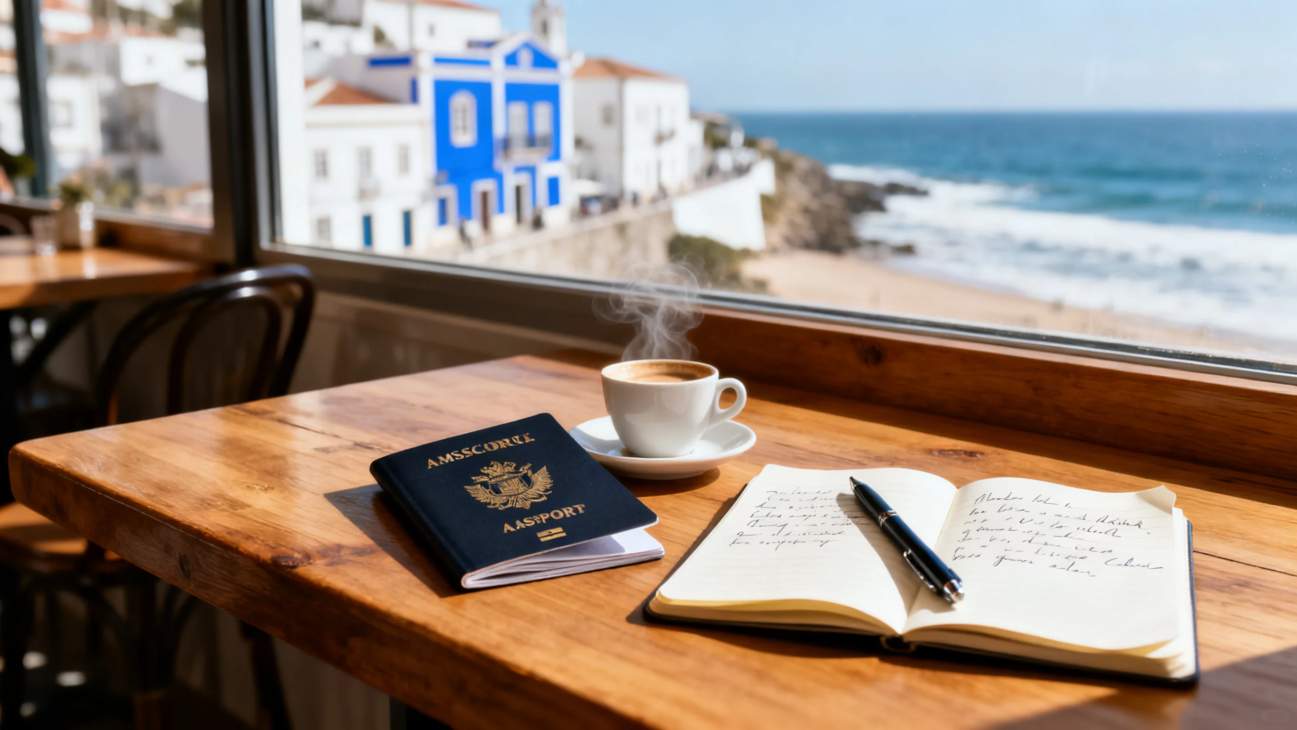 A travel passport open on a wooden café table next to a coffee cup and a hand-written travel notebook, with a Portuguese coastal scene visible through the café window in the soft morning light